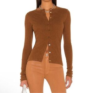 ENZA COSTA Cotton Cashmere Fitted Button Down Cardigan in Mahogany, size xs